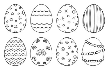 Collection of black and white Easter eggs with various decorative patterns. Perfect for coloring page, kids activities and festive holiday crafts.