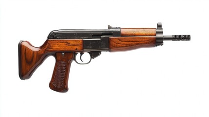 Vintage wooden and metal submachine gun on a white background.