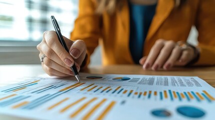 A woman is writing with a pen on a piece of paper