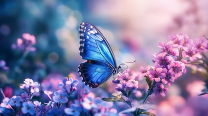 Naklejka premium Blue Butterfly on Flower Blooms in a Garden with Soft Light