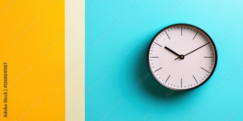 Poster Minimalist Time Management Sleek Wall Clock on Vibrant Color Block Background - Dynamic Productivity Design for Digital Workspace Optimization and Modern Professional Efficiency