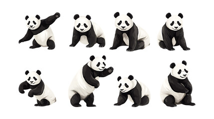 Fototapeta premium Pack Roly Panda set in Different Poses Against Transparent Background for Wildlife Illustrations, Bamboo Forest Art, or Cute Bear Designs