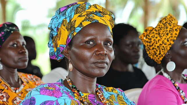 A woman wearing a colorful head scarf sits in a group of people