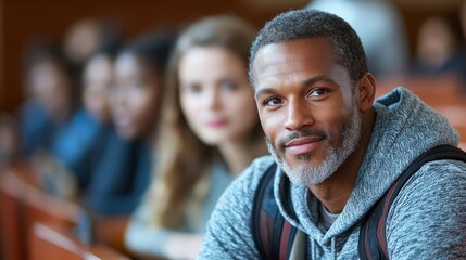 Obraz premium A man with a beard and gray hair is sitting in a classroom with other people