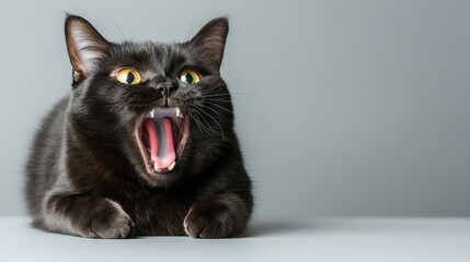 This close-up captures the striking expression of a black cat in mid-yawn, accentuating its vibrant eyes and emotional depth, perfect for showcasing feline nature.