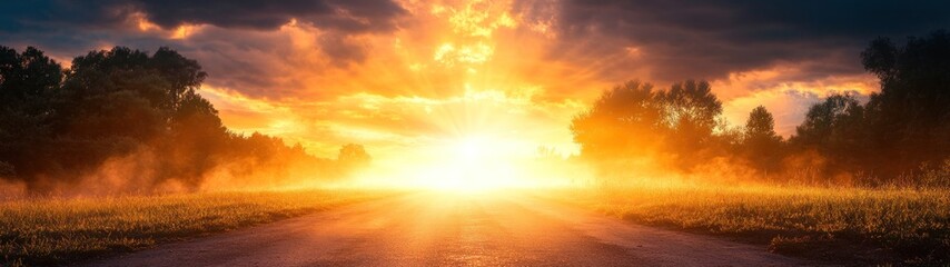 Sunlit road through misty field at sunset