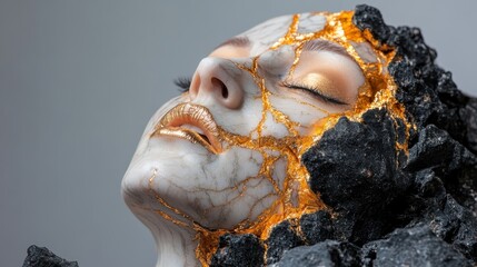 A surreal image featuring a cracked face with intricate gold detailing, balancing the beauty of skin with texture and the contrast of dark and luminous elements beautifully.
