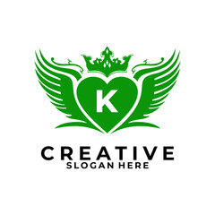 Initial Letter K with wing love and Crown logo design vector template. K vintage identity logo design