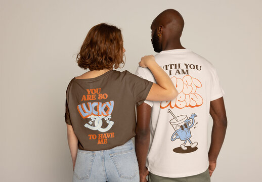 Multiracial Couple in Casual T-Shirt. Back view. PSD mockup