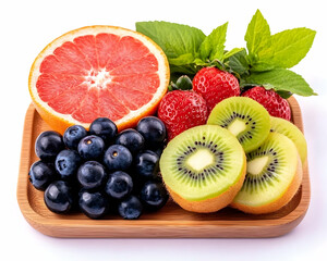 Fresh fruit platter with grapefruit, strawberries, kiwi, and blueberries