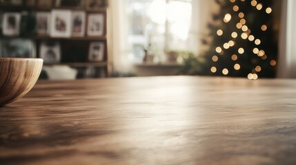 Festive Minimalist Product Mockup Rustic Oak Surface with Soft Holiday Bokeh - Cozy Home Branding and Seasonal Marketing Backdrop