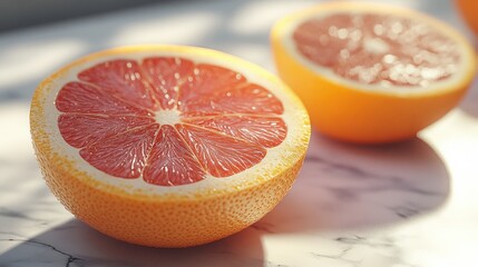 Two juicy grapefruit halves, sunlit, on marble.  Vibrant pink flesh, visible segments