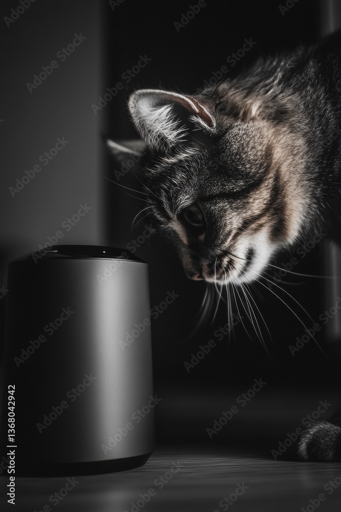 Leinwandbilder iot pet tech revolution minimalist smart camera interaction with moody feline - cutting-edge home au