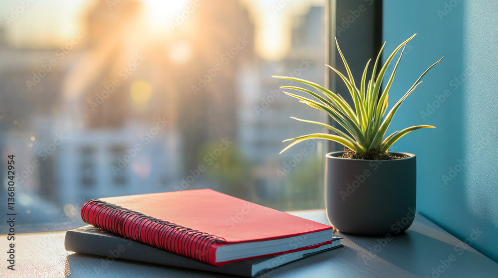 Poster red notebook and gray notebook on table near window, sunlit plant in pot, cityscape backdrop, showca