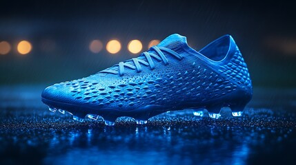 A single blue football boot standing in the rainy evening atmosphere