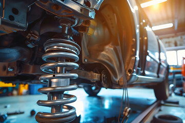 Close-up of car suspension system in auto repair shop