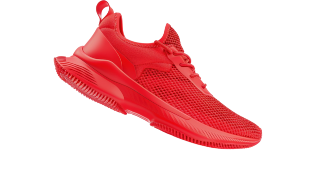Red modern running shoe floating on transparent background