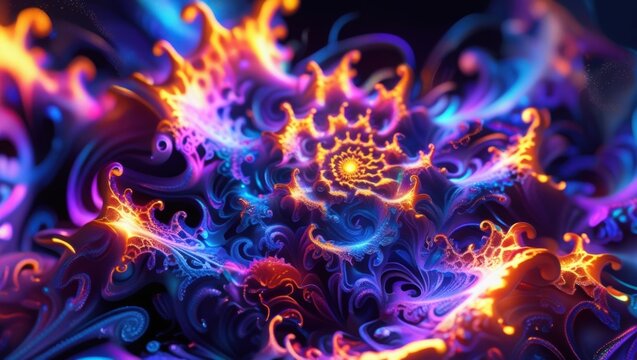 A vivid fractal pattern with intricate designs and neon gradients.