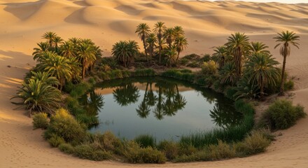Serene Oasis Surrounded by Golden Sand Dunes with Reflections of Palm Trees