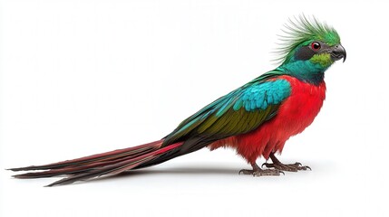 Fototapeta premium Colorful resplendent quetzal with vibrant feathers on a clean white background.