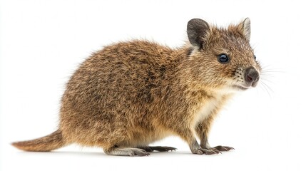 Fototapeta premium Adorable quokka standing against a white background, showcasing its fluffy fur and curious expression.