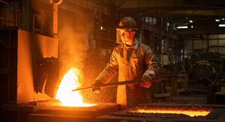 Fototapeta premium Steelworker Pouring Molten Metal in a Foundry