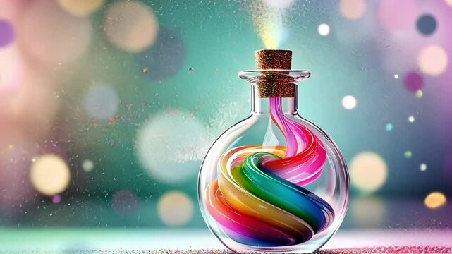 Rainbow Potion: A vibrant, conceptual image of a glass bottle filled with a colorful, swirling rainbow, symbolizing creativity, imagination, and magic. The potion bottle is in a colorful environment.