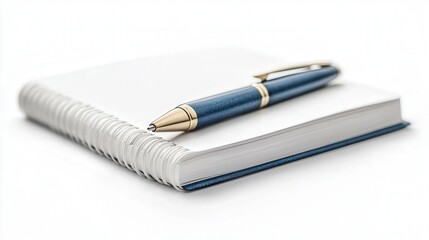 A sleek blue pen resting on an open spiral notebook with a clean, minimalistic design.