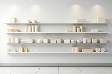 Clean minimalist supermarket display shelf on white wall, modern retail store concept, product presentation, retail store, display, modern
