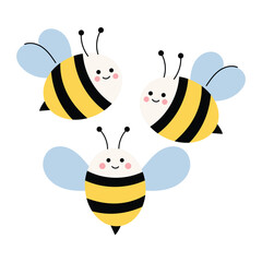 Set of cute bees vector illustration. Three smiling bumblebee characters. Adorable cartoon insects perfect for spring and summer designs. Flat vector illustration isolated on white background.