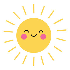 Smiling sun vector illustration. Bright yellow sun with pink cheeks and happy face. Cheerful design for kids, weather clipart or summer theme. Flat vector illustration isolated on white background.
