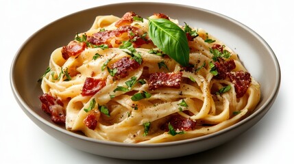 A beautifully presented bowl of creamy fettuccine pasta with crispy bacon and vibrant herbs, showcasing the perfect blend of flavors for a gourmet culinary experience.