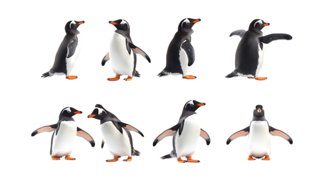 Pack Peppy Penguin set in Different Poses Against Transparent Background for Arctic Illustrations, Wildlife Art, or Bird-Themed Designs