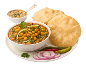 Chole bhature is a North Indian food dish. A combination of chana masala and bhatura or puri on white background
