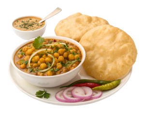 Chole bhature is a North Indian food dish. A combination of chana masala and bhatura or puri on white background