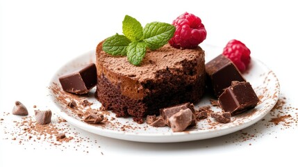 A decadent slice of chocolate cake garnished with fresh raspberries and mint, creating a visually appealing and appetizing dessert for chocolate lovers.