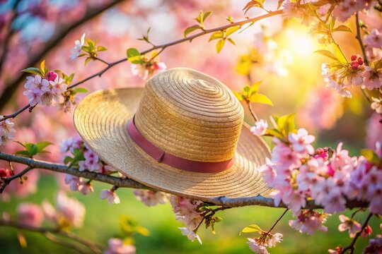 Serene Spring: Straw Hat Hanging on Cherry Blossom Tree