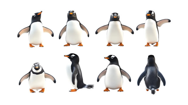 Pack Puffy Penguin set in Different Poses Against Transparent Background for Arctic Illustrations, Cute Bird Art, or Wildlife Designs
