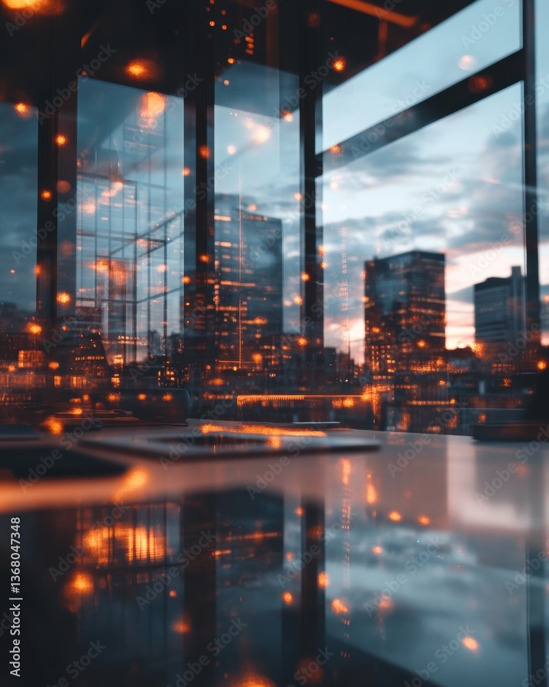 Poster Immersive Digital Transformation Futuristic Corporate Skyline Reflection with AI-Powered Innovation, Capturing Next-Gen Business Intelligence Landscape