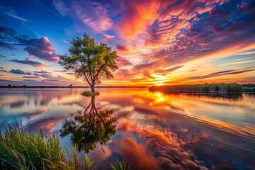 Fototapeta premium Serene Sunset Lake: Lone Tree Silhouette Macro Photography Peaceful Nature Landscape