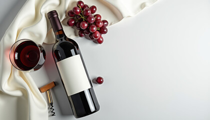 Wine bottle label mockup. Wine bottle and glass with grapes on white background