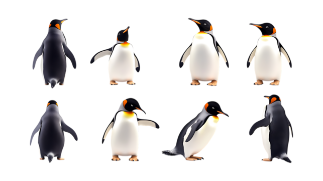 Pack Puffy Penguin set in Different Poses Against Transparent Background for Arctic Illustrations, Cute Bird Art, or Wildlife Designs