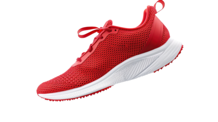 Red running shoe floating on transparent background
