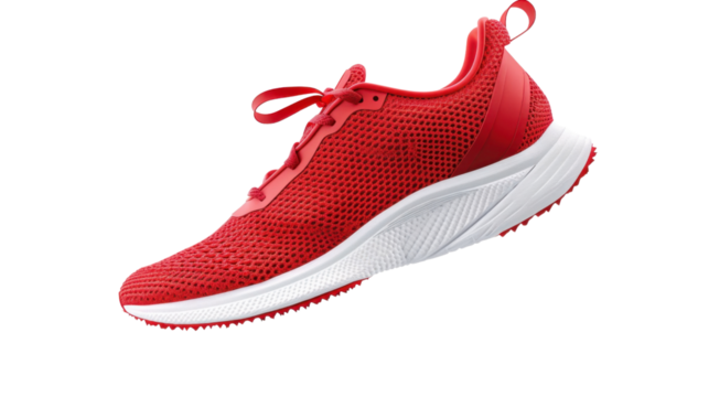 Red running shoe floating on transparent background