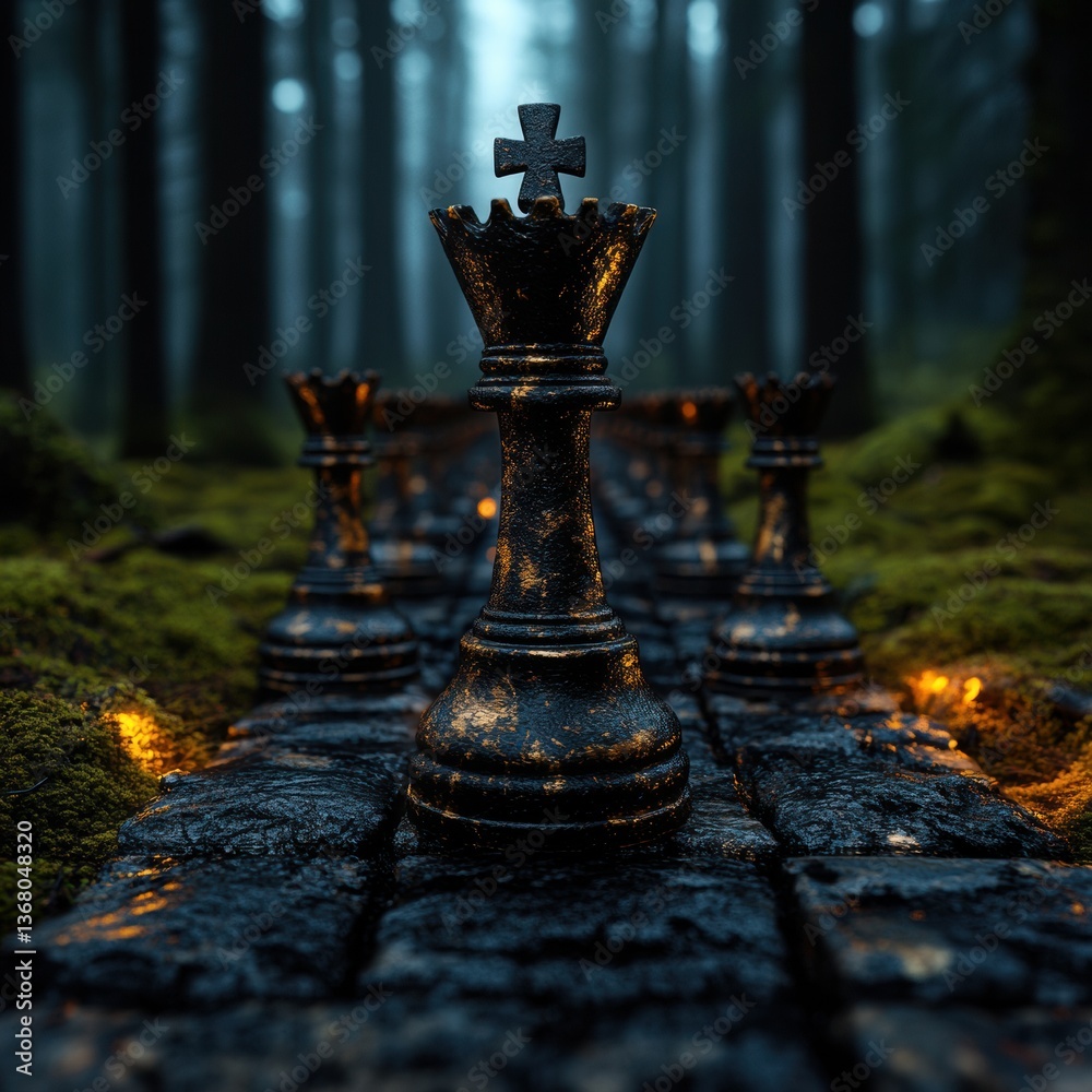Poster mystical strategic planning cinematic chess metaphor in dark forest - immersive decision-making visu