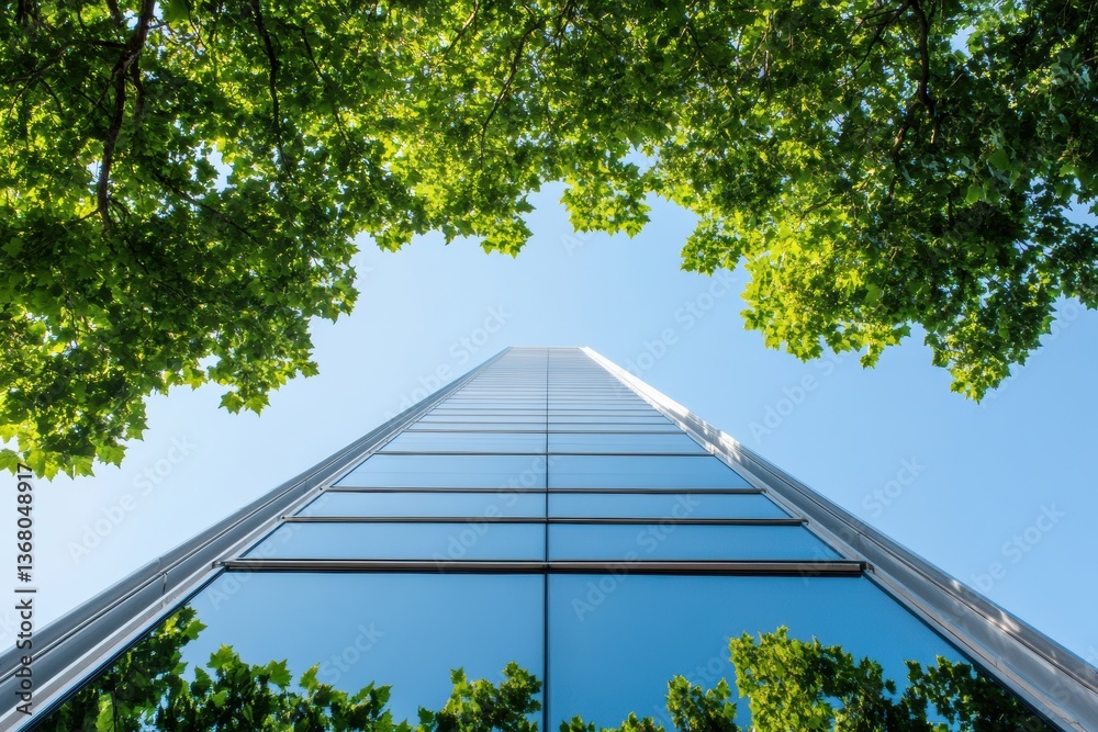 Poster eco-conscious urban vertical design modern glass skyscraper harmonizing nature and architecture with