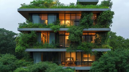 Lush green foliage covers a modern, multi-story building at dusk, illuminated from within