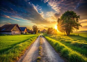 Obraz premium Serene Village Road at Sunset: Rustic Charm and Tranquil Scenery
