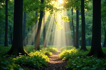 Sunbeams pierce dense foliage, creating dappled light on forest floor , peaceful, scenic