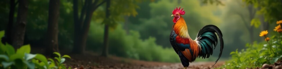 Fototapeta premium Vibrant plumage, proud stance, rooster's back feathers , wildlife, agriculture, livestock